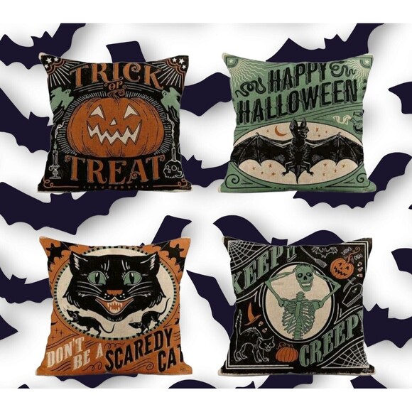 4 Retro Style Halloween Linen Pillow Covers 18x18 Cat Pumpkin Skeleton Bat Decor - Picture 5 of 16
